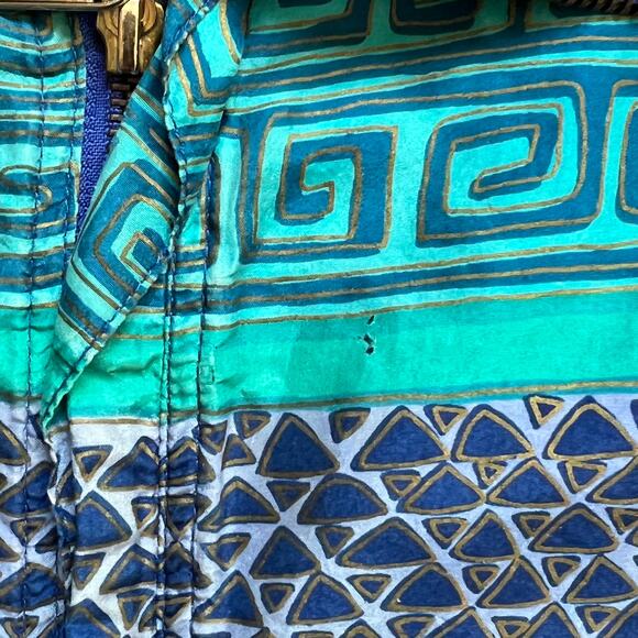 Vintage 80s 90s Silk Tribal Geometric Teal Green Blue Windbreaker Jacket African - Picture 5 of 8